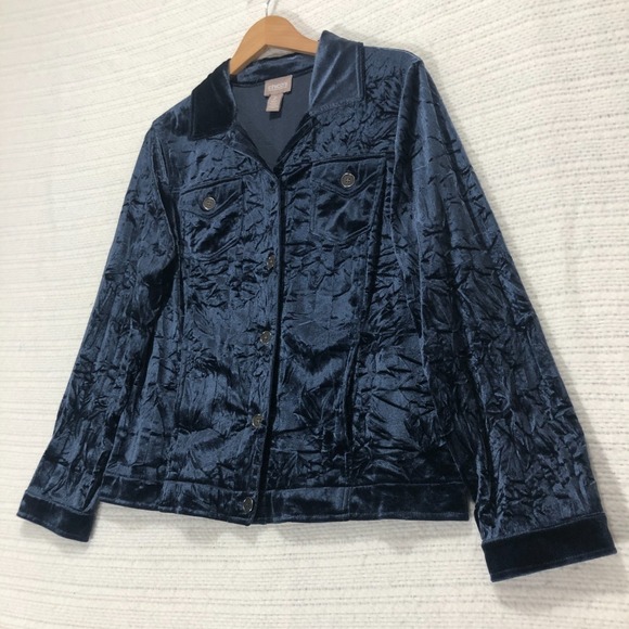 Chico's Velvet‎ Trucker Jacket Crushed Blue Jean Style Size 2 - Picture 1 of 9